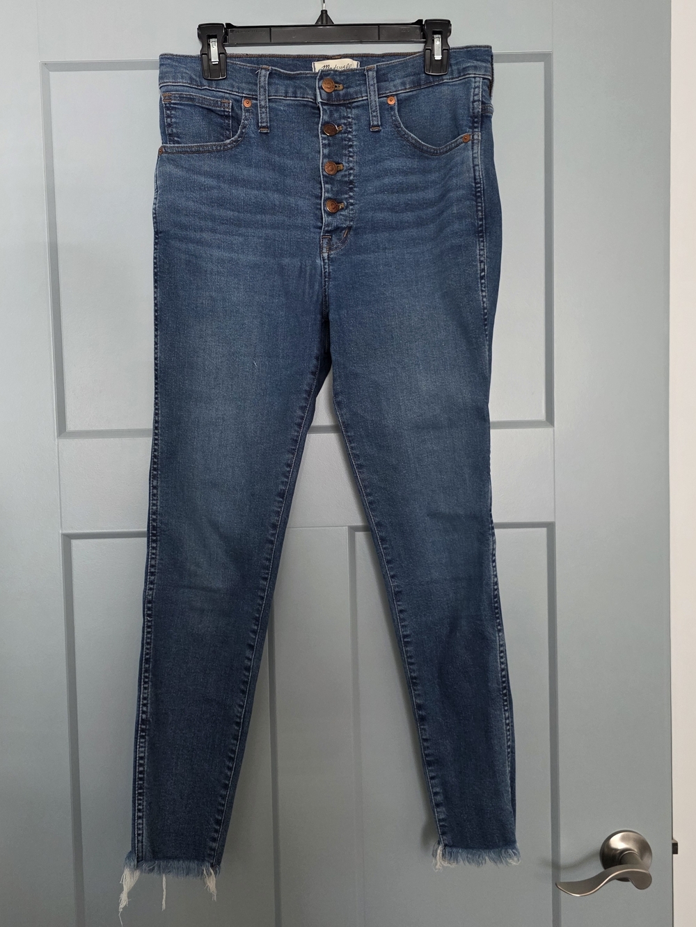 Madewell 10 High Rise Skinny Jeans Button Front Raw Hem Mackey Wash Size 30